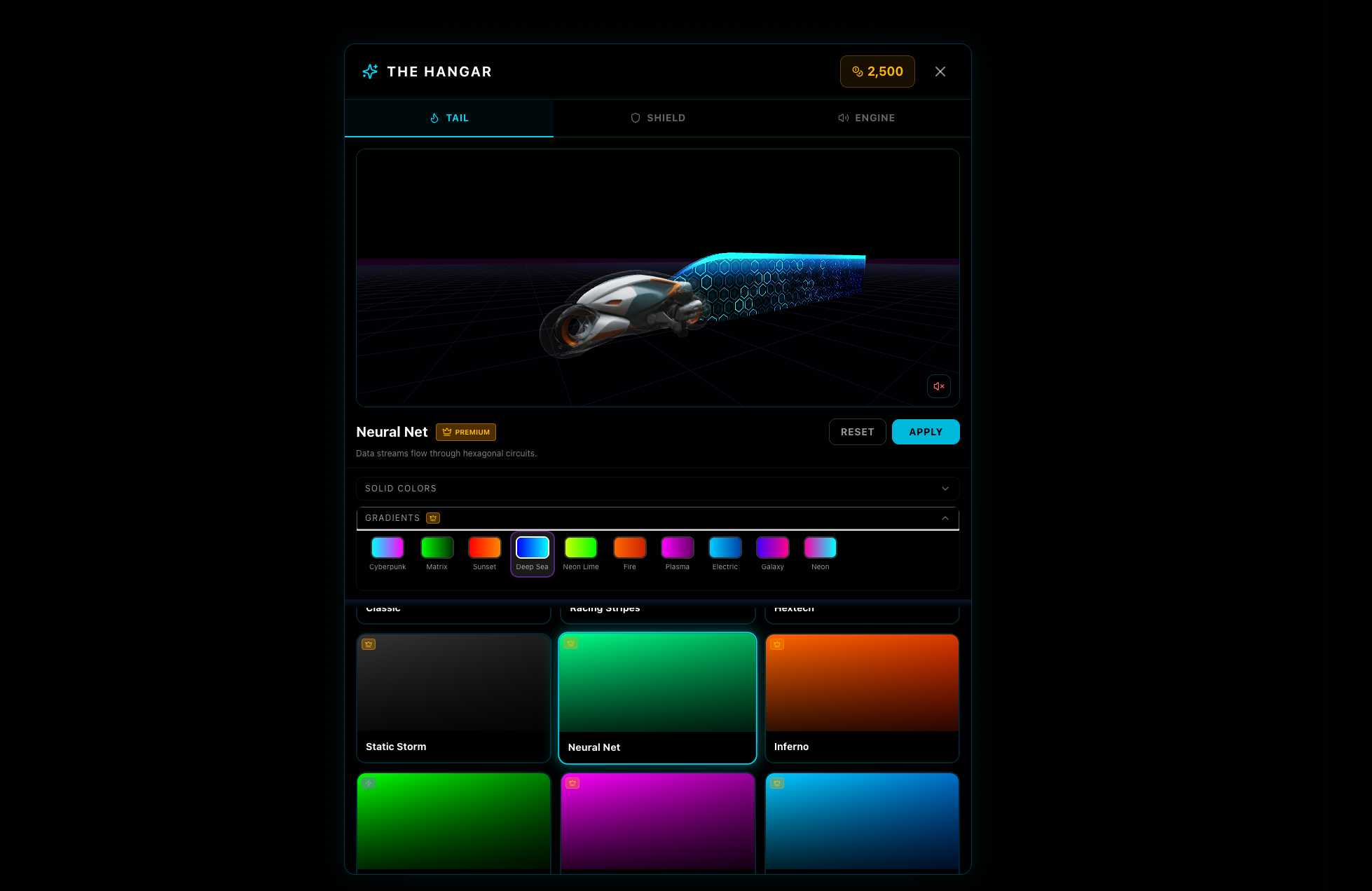 Cycle customization preview showing tail and shield color options